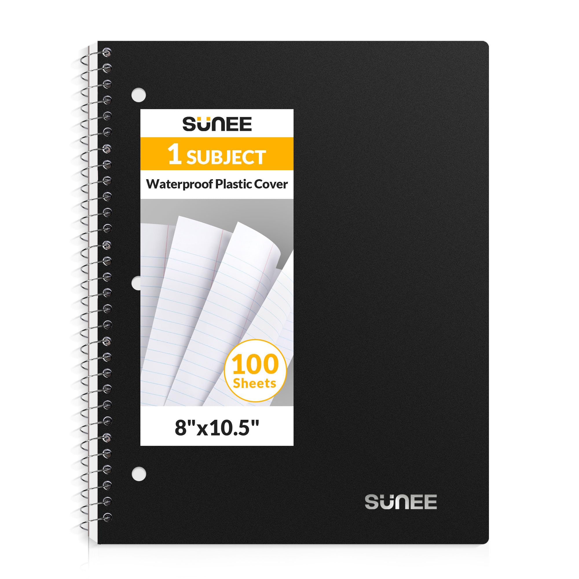 Photo 1 of SUNEE Spiral Notebook, 1-Subject, College Ruled Paper, 8" x 10-1/2", 100 Sheets per Notebook, 3-Hole Punched Paper, Water Resistant Cover, Double-sided Pockets, Spiral Lined Notebooks for Work, Black