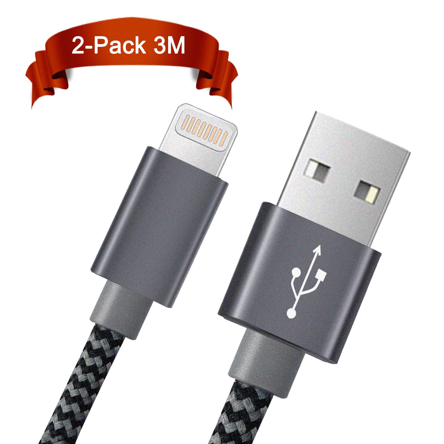 Froggen Chargeur Phone Cable Phone 3M [Pack de 2] Chargeur pour Phone Rapide Cordon vers USB Compatibilité pour Phone XS XR Max X 8 Plus 7 Plus 6s Plus 6 6plus Se 5c 5s 5,Pad Pro,Air,Mini-Gris&Noir