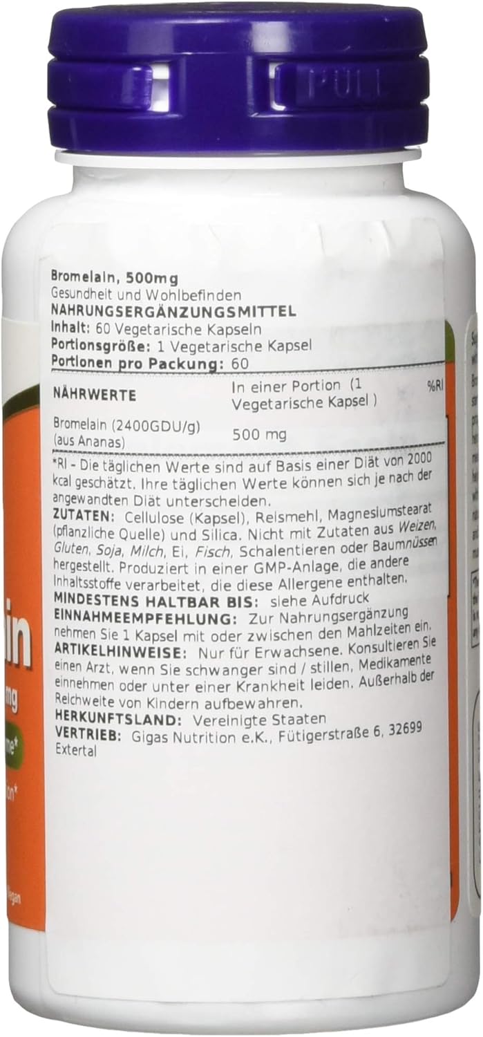 NOW Supplements, Bromelain (Natural Proteolytic Enzyme) with 2400 GDU, 500mg, 60 Veg Capsules: Health & Personal Care