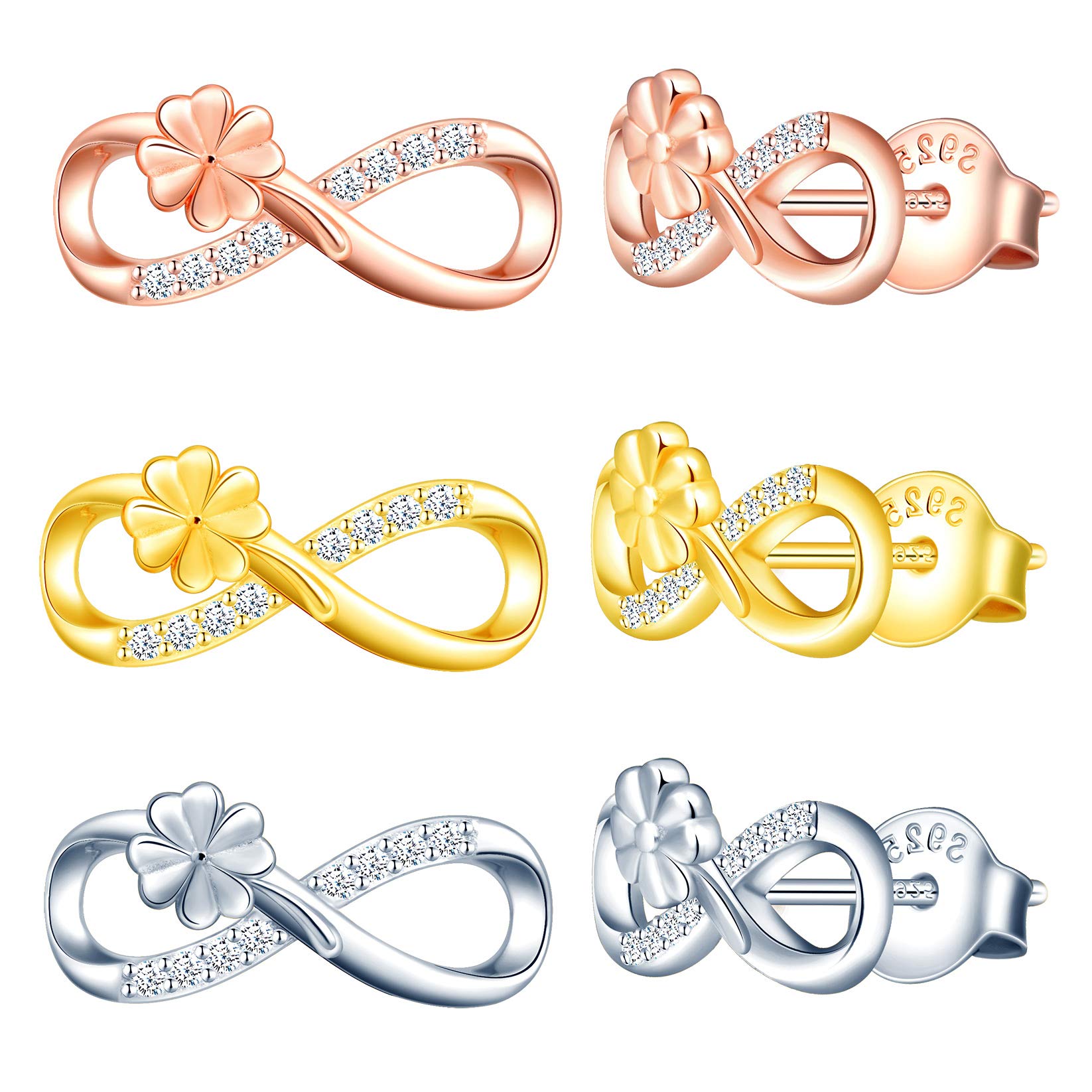 MicLee Woman's girl's Earrings, 925 Sterling silver clover earrings, Mini infinity symbol earrings studs, Inlaid zircon, silver, rose gold, gold