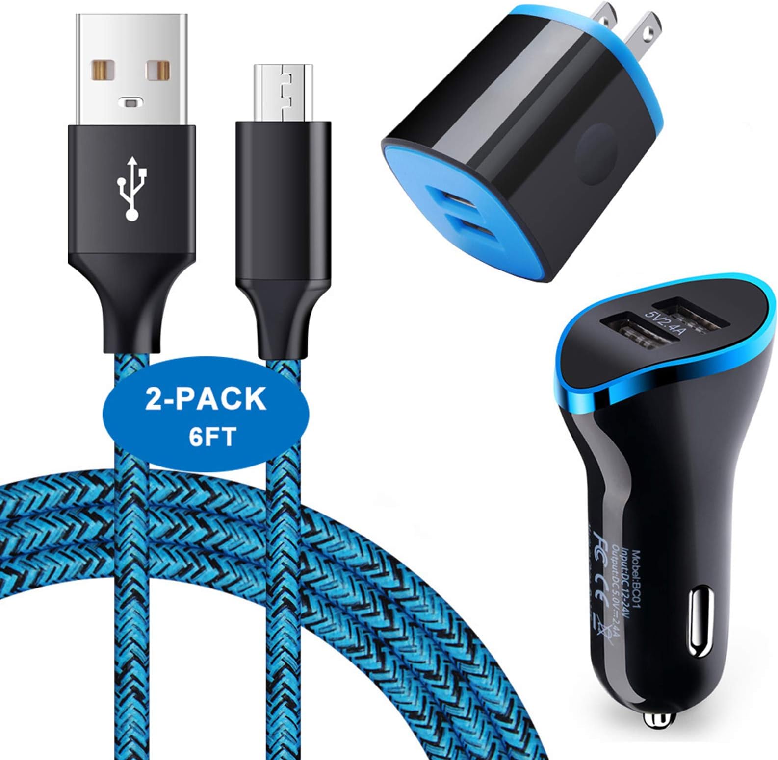 AndHot Dual Port USB Wall Charger + Car Charger Adapter + 2Pack 6ft Micro USB Cable Compatible with Samsung Galaxy S7/S6 Edge/Note 5/J7 V/J7 Perx/J7 Sky pro/J7 Prime/J8 Prime/J8 Pro/J3, Tab S2/A 9.7