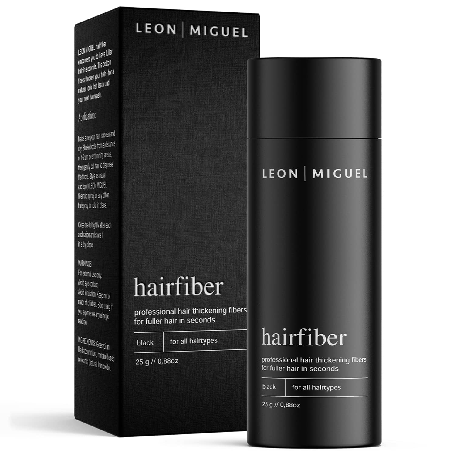 LEON MIGUEL Hair Fiber - Premium Hair Thickener – Immediately Conceals Receding Hairlines, Hair Loss, Balding Areas and Thinning Hair – Hair Powder | 25g (BLACK)