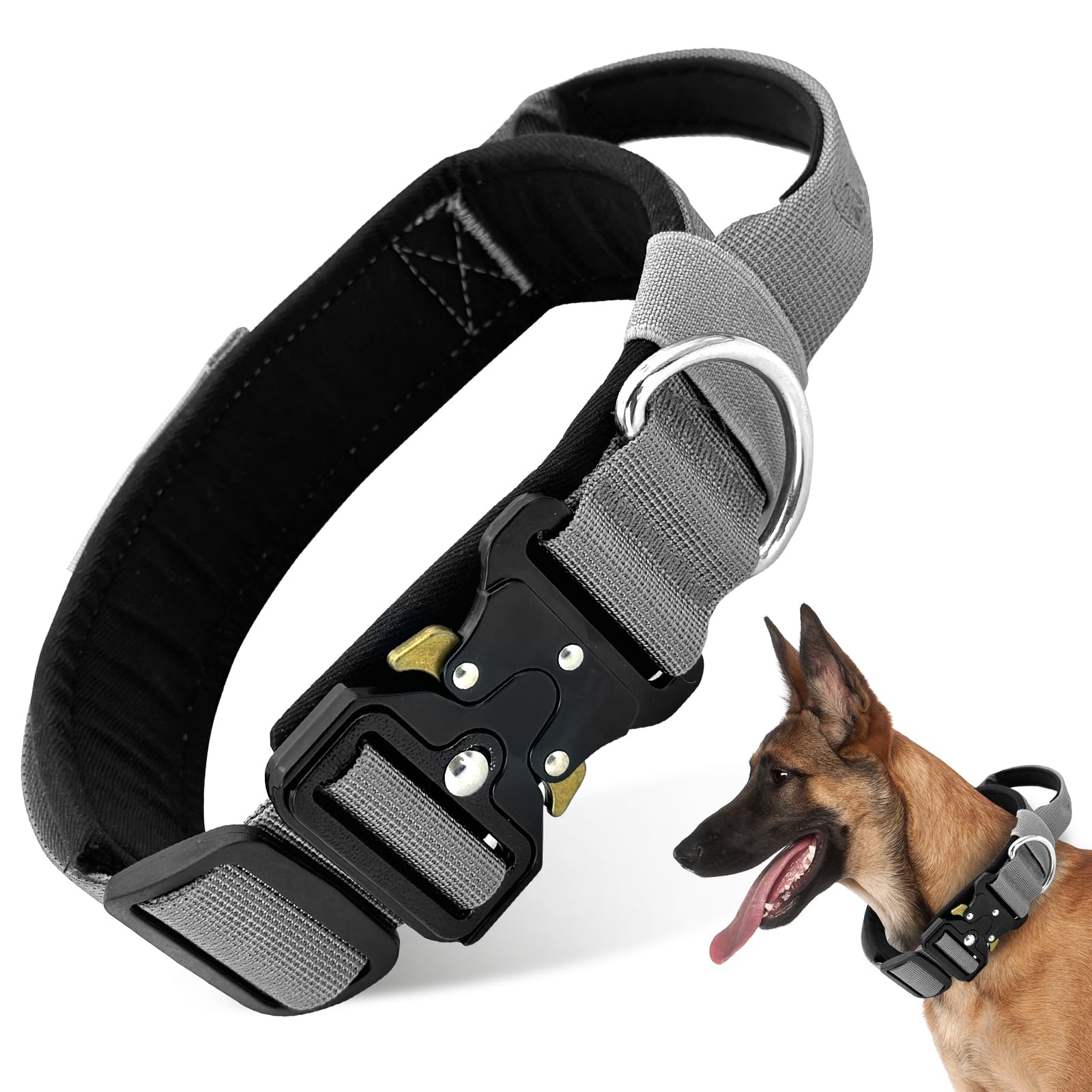 Boloshine Tactical Dog Collar with Handle, Military Training Adjustable Collar with Heavy-Duty Metal Buckle for Medium Large Dogs (Grey, M)