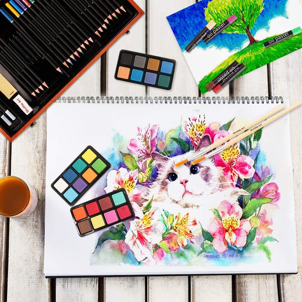 118 Piece Deluxe Art Set, Shuttle Art Art Supplies in Wooden Case, Painting Drawing Art Kit with Acrylic Paint Pencils Oil Pastels Watercolor Cakes Coloring Book Watercolor Sketch Pad for Kids Adults : Office Products