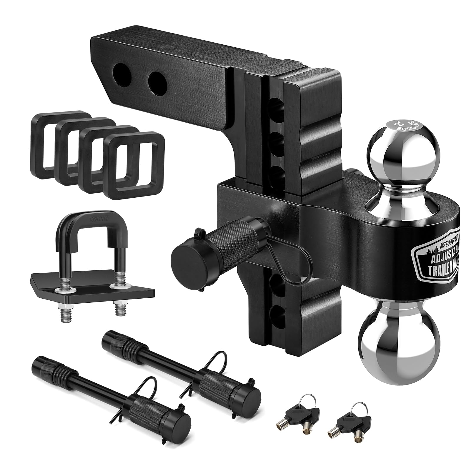 Photo 1 of Kohree 6" Adjustable Trailer Hitch Fit 2 Inch Receiver, Dual Solid Ball 2" and 2-5/16"(12,500 LBS GTW), Drop & Rise Heavy Duty Aluminum Tow Hitch with 4 Silencer Pads & 2 Locking Hitch Pin, Black