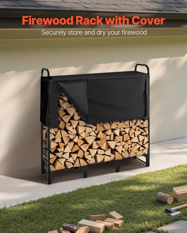 Metall Kaminholzregal, 122x32x118 cm Brennholzregal, Kaminholzunterstand aus Vierkantrohr, max. Tragkraft 181 kg, Feuerholzregal, Kaminholzlager, Stapelhilfe für Veranden, Terrassen, Gärten