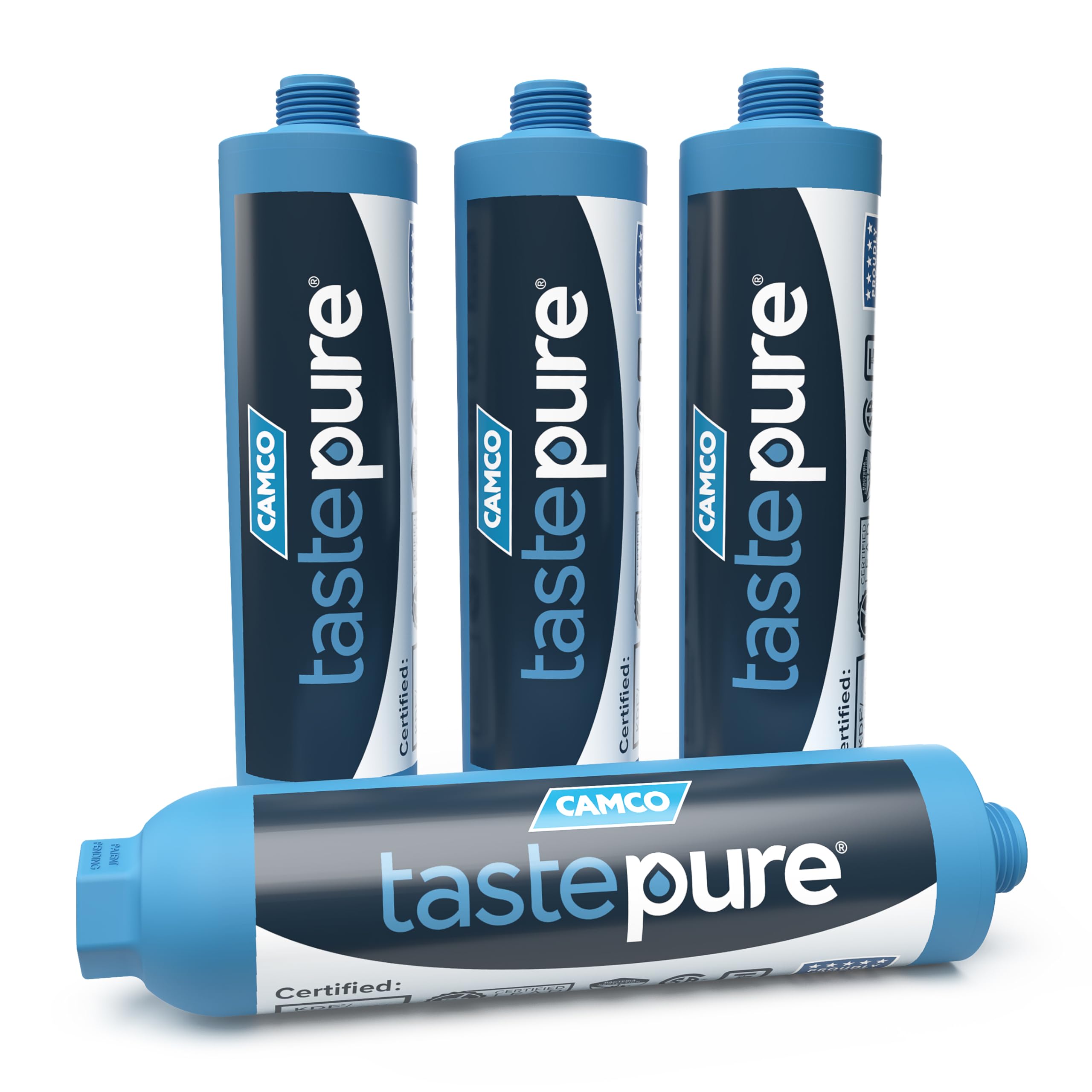 Camco TastePURE 20-Micron Wide-Body Inline Design Water Filter with GAC and KDF Filtration for RVs, Boats, Travel Trailers, and Campers (4-Pack)