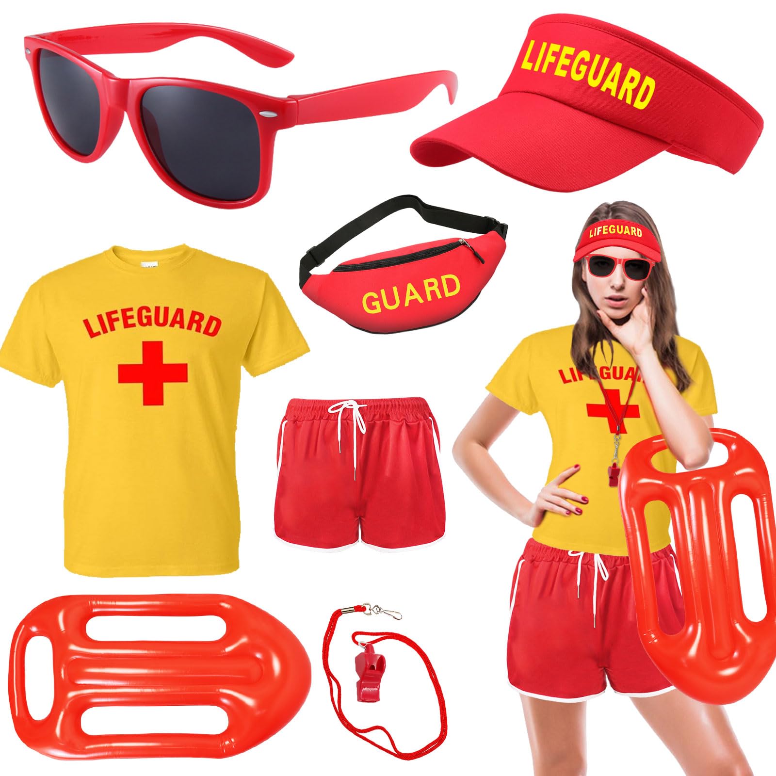 Acehome Lifeguard Fancy Dress Set for Women, Lifeguard Costume Outfits with T-Shirt Shorts Hat Glasses Whistle for Adult Party Dress Up (XXL)