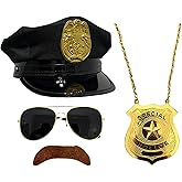 EverJoy Party Adult Police Officer Costume Accessory Set – Hat, Glasses, Mustache & Badge for Halloween, Cosplay, and Dress-Up Events Black