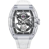 BONEST GATTI Crystal CaseTourbillon Skeleton Automatic Mechanical Watch Men | K9 Crystal Case White Rubber Tourbillon Movement Sapphire Crystal 45mm Skeleton Dial Luminous Hands Pin Buckle Waterproof