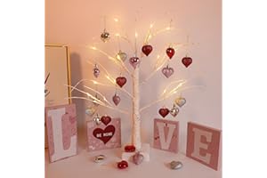 CWLAKON Valentines Day Decor Lighted Birch Tree, 24pcs Heart Shaped Tree Hanging Ornaments, Valentine's Day Table Decorations Love Wood Block Sign, Romantic Red Pink Light Up Valentine Home Decoration