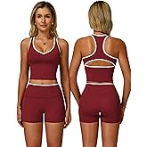 PQBPQB Women 2 Piece Workout Sets Racerback Color Block Tank Top High Waist Tummy Control Shorts Yoga Outfits