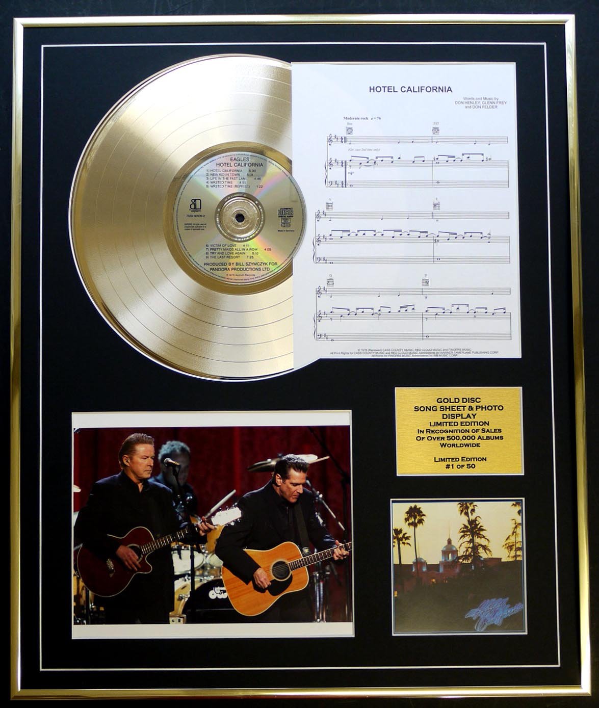 THE EAGLES/CD GOLD DISC, SONG SHEET & PHOTO DISPLAY/LTD. EDITION/COA/ALBUM HOTEL CALIFORNIA/SONG SHEET HOTEL CALIFORNIA