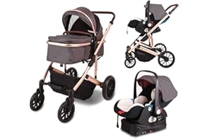 TRENANA 3 in 1 Infant Baby Stroller with Bassinet Mode,Car Seat & Latch Base - Rear Facing Car Seat and Car Seat Base, Car Seat to Stroller in Seconds - Travel System Compatible(Color:Gray)