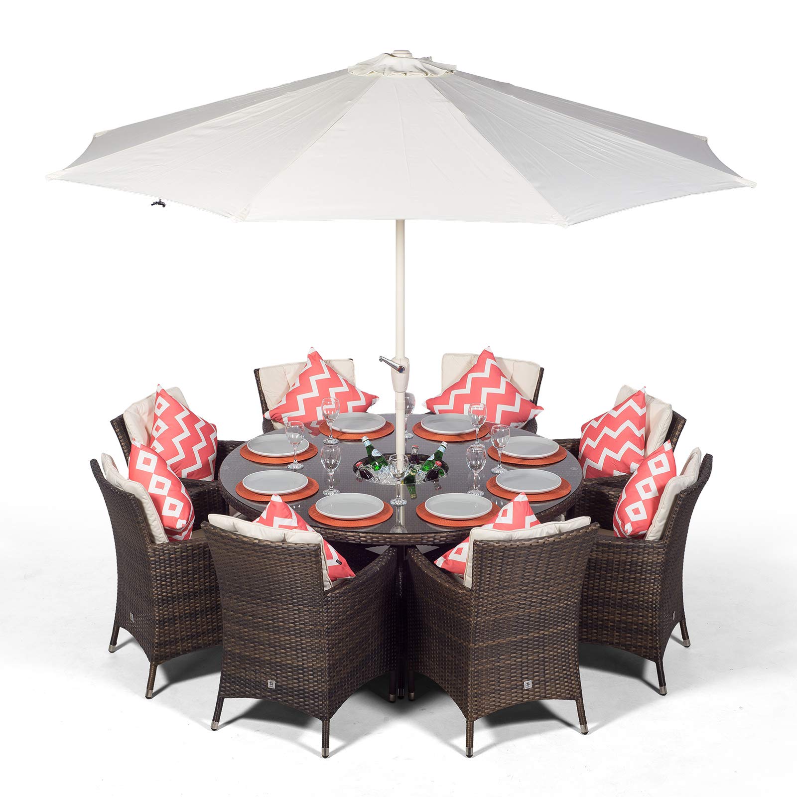 Savannah Seater Brown Rattan Dining Table Chairs with Ice Bucket Drinks  Cooler Outdoor Poly Rattan Garden Dining Furniture Set with Parasol
