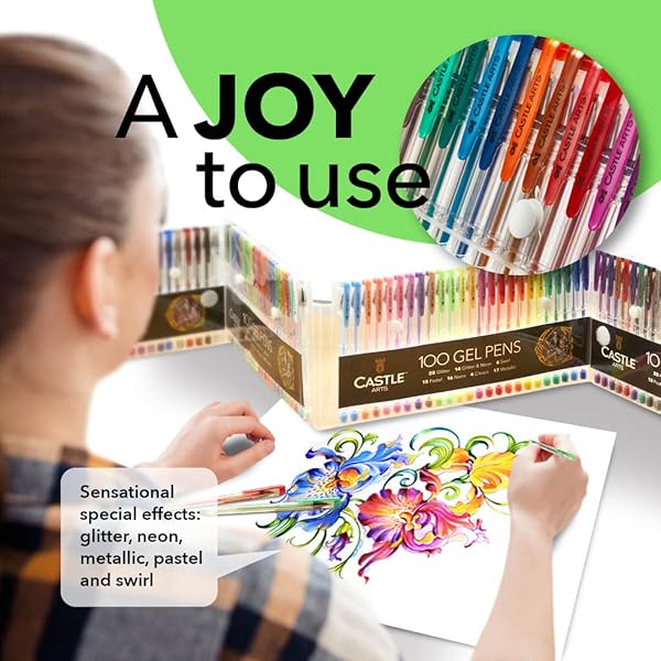 CASTLE ART SUPPLIES 100 GEL PENS FOR ADULT COLORING SET | DRAWING, SCRAPBOOKS, JOURNALS | AMAZING COLORS, EFFECTS – SWIRL, GLITTER, NEON, PASTEL, METALLIC – WITH SMOOTH, FINE TIPS