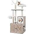 Feandrea Cat Tree with Litter Box Enclosure, 2-in-1 Modern Cat Tower, 55.1-Inch Cat Condo with Scratching Posts, Removable Pompom Sticks, Greige UPCT113G01