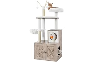 Feandrea Cat Tree with Litter Box Enclosure, 2-in-1 Modern Cat Tower, 55.1-Inch Cat Condo with Scratching Posts, Removable Pompom Sticks, Greige UPCT113G01