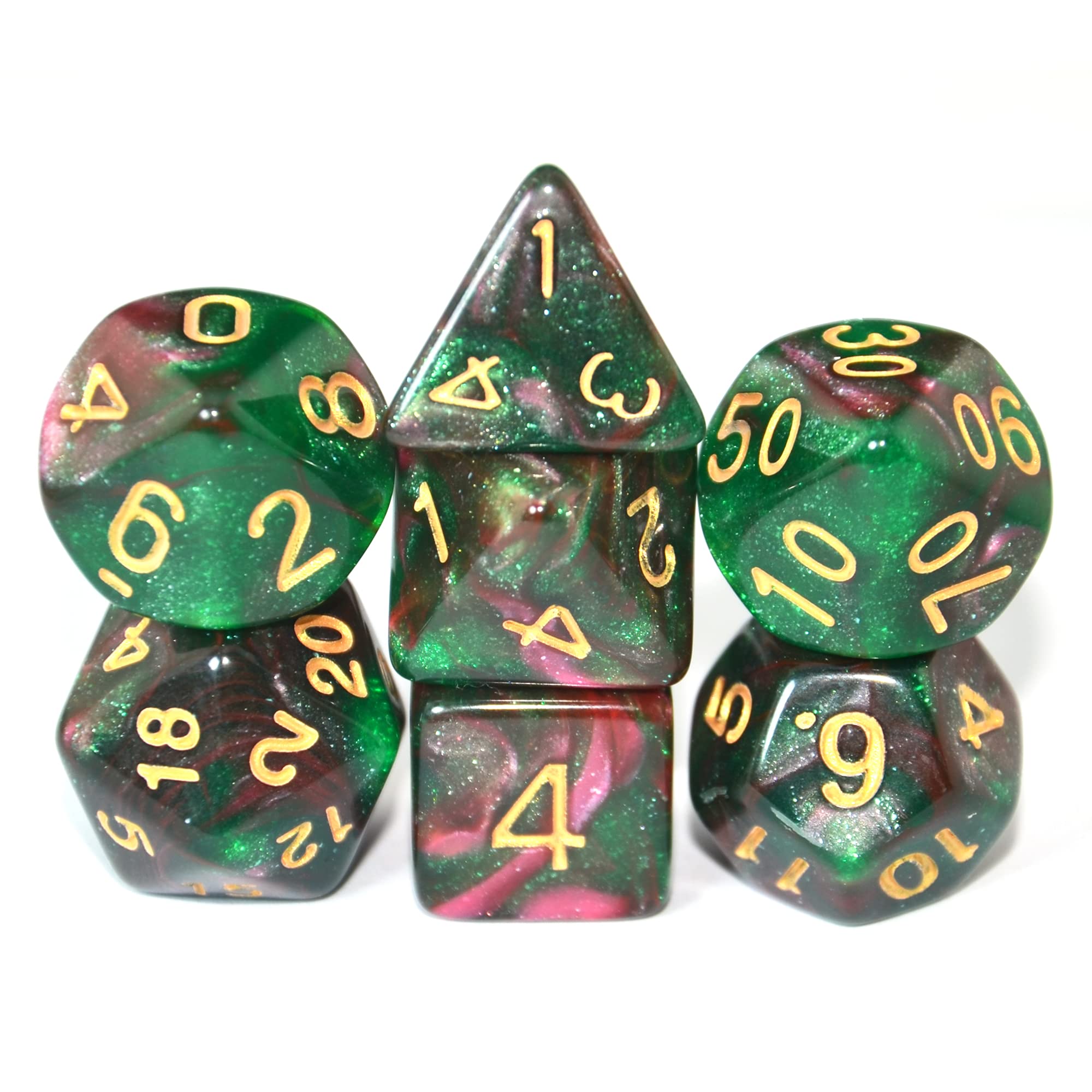 SmartDealsPro Glitter Polyhedral Dice Sets with Pouches for DND RPG MTG Dungeon and Dragons Table Board Roll Playing Games D4 D8 D10 D12 D20 (Green-Red)