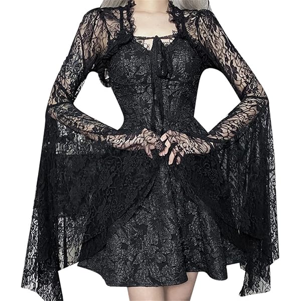 Gothicチュールトップス Goth Lace Shrug Black Shawl Flare Long Sleeves Victorian Bolero