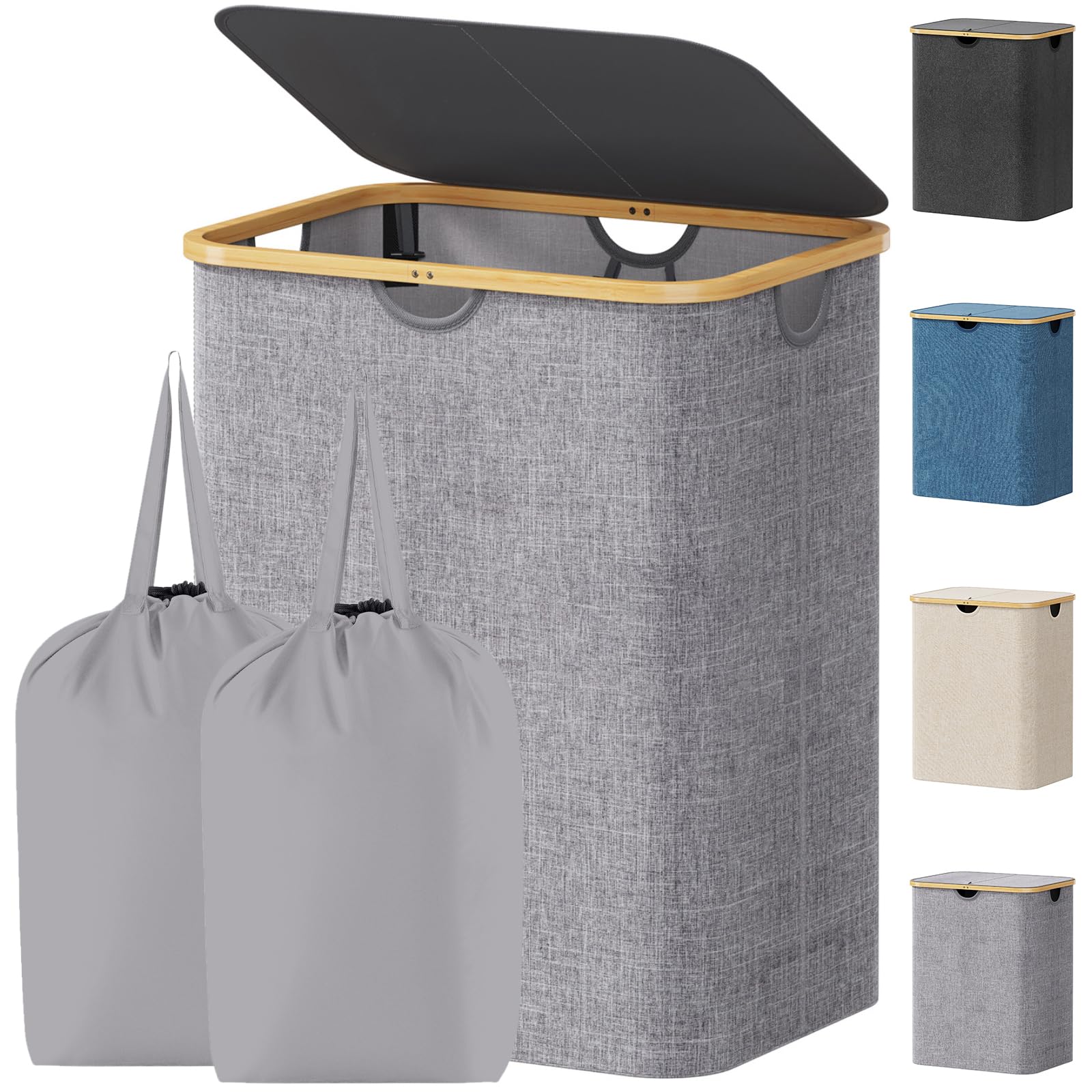 Lifewit 120L Laundry Basket with Lid, Double Dirty Clothes Bin with Bamboo Handles and 2 Removable Bags, Large Foldable Washing Basket for Bedroom, Bathroom, Dorm, Laundry Room, Light Grey