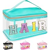 Chenille Letter Clear Makeup Bags Hair Pouch, Preppy Patch Makeup Bag Zipper with Handle, Transparent PVC & Nylon Waterproof Glitter Cosmetic Handbag Travel Toiletry Storage for Women Girl(HAIR-Green)