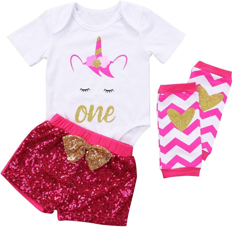 Girls Unicorn First Birthday Outfit, Infant Baby Girls Romper Tops+Sequins Shorts Clothes Set