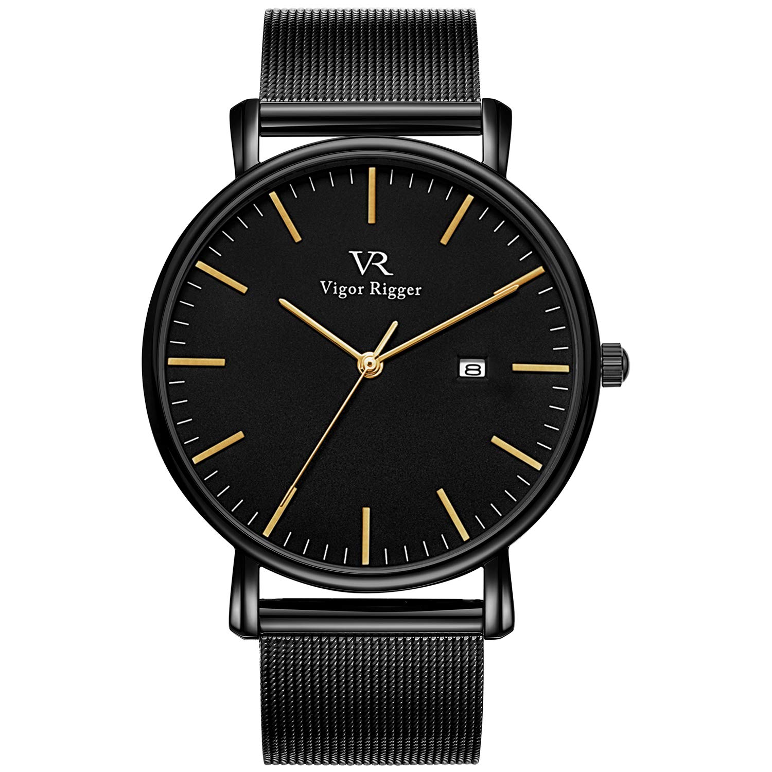 Vigor Rigger Men Women Quartz Watch Black Ultra-Thin Wrist Watches for Men Classic Minimalist Design Date Calendar Stainless Steel Mesh Band — image 1