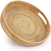 Hipiwe Round Rattan Serving Tray with Handles, Hand-Woven Decorative Organizer Tray for Storage Breakfast Drinks Snack, Centerpiece Fruit Basket for Home Decoration,Large