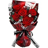 Tobilu Mothers Day Gifts - Preserved Flowers Bouquet 5 Real Roses Bouquet with Bear Gift Box Card for Graduation Anniversary Birthday for Women Wife Girlfriend Mom Her - Red