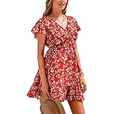 CUPSHE Women's Summer Floral Mini Dress Ruffle Trim Short Sleeve Smocked Waist Beach Short Dress