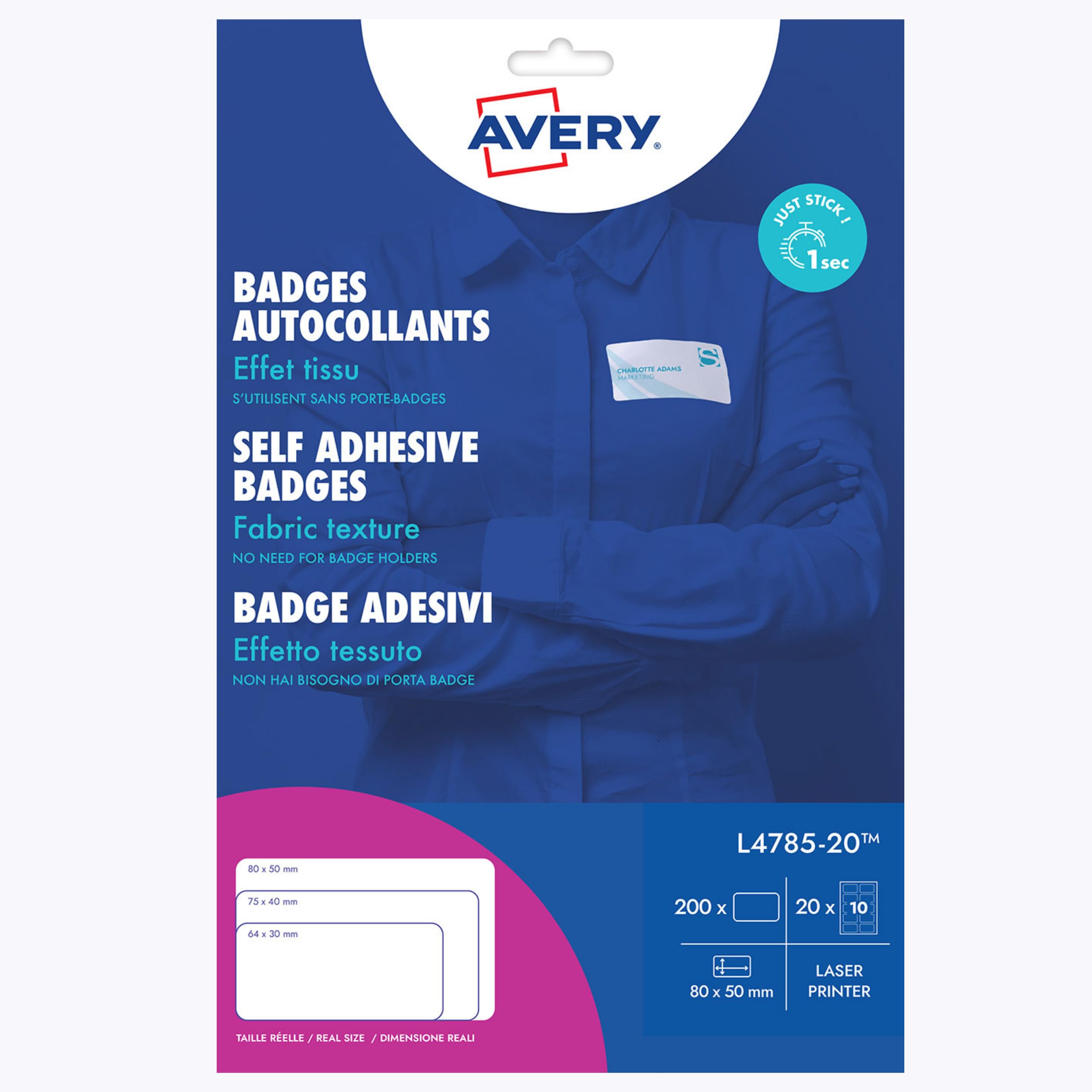 Avery L4785-20 Printable Name badge Stickers – Customisable, 80 x 50 mm, 10 per Sheet, 200 Badges Total