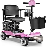 Foldable Mobility Scooter for Adults Elderly– 4-Wheel Portable Motorized Scooter with 330 lbs Capacity, Detachable Battery, Dual Baskets, Cup & Phone Holder, Pink