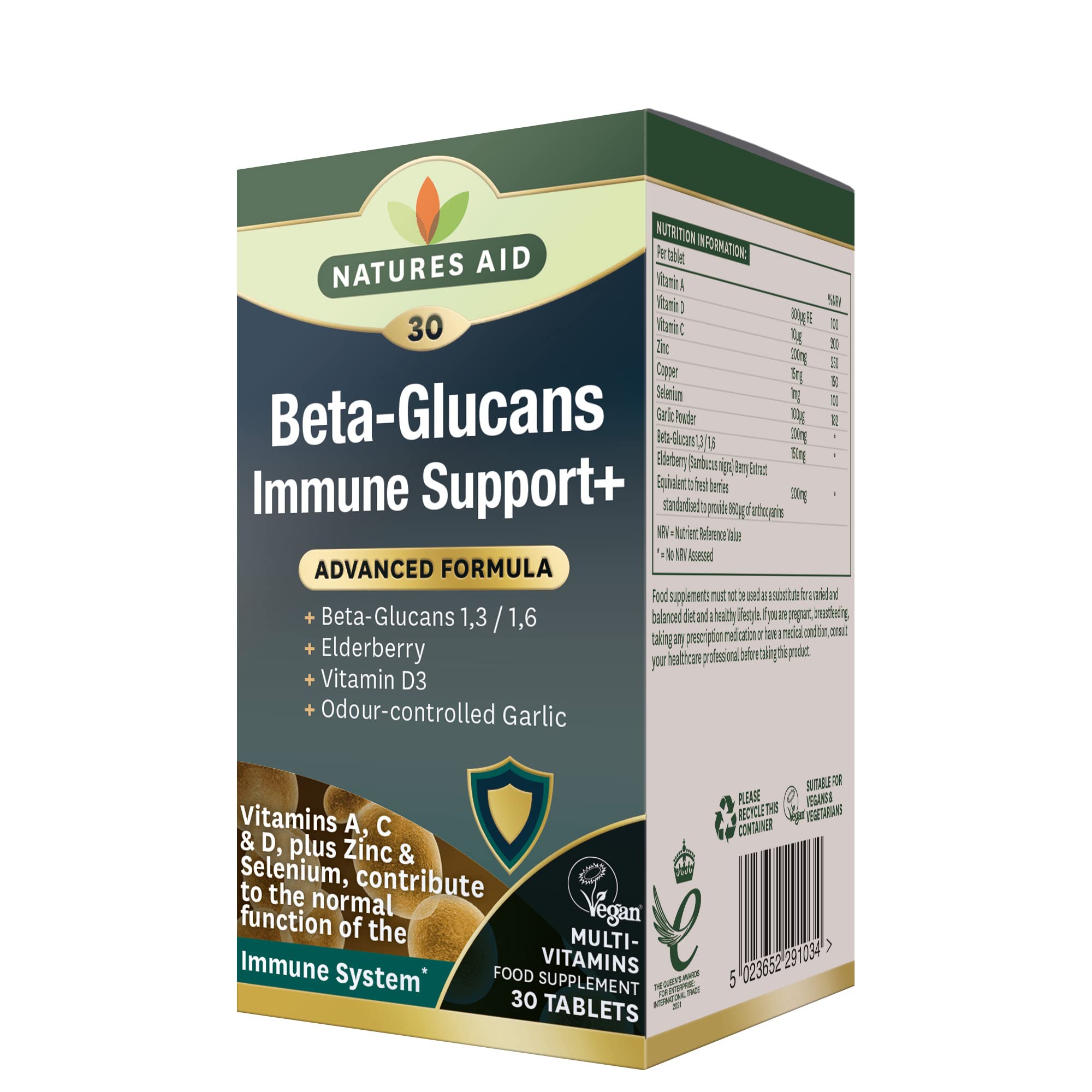 Natures Aid Beta Glucans Immune Support Supplement - Vitamin C, D3, A, Zinc, Selenium, Garlic & Elderberry - Immune System Support for Adults - Vegan, Gluten Free, Non-GMO - 30 Tablets