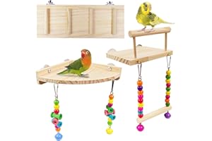 Sysmashing 3PCS Bird Perches Platform Swing with Climbing Ladder, Natural Wood Ladder Bungee Toys,for Green Cheeks, Lovebird, Chinchilla, Budgie, Hamster, Parrot Cage Toys Sets