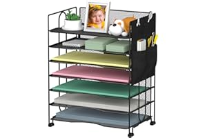 BOHDK Letter Tray Paper Organizer, 7 Tier Desk Organizer with Cloth Bag, Black Mesh Stackable Paper File Holder for Home Office, Document Shelves and Sorter with No Screw Design