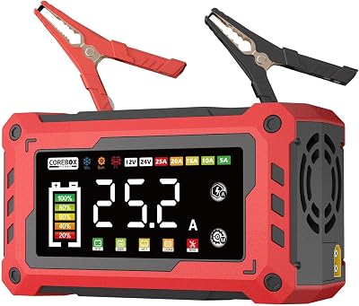 COREBOX Battery Charger 25-Amp 12V/24V Automatic Smart Battery Trickle Charger, Battery Maintainer Desulfator with Temperature Compensation for Car Truck Motorcycle Lawn Mower Marine