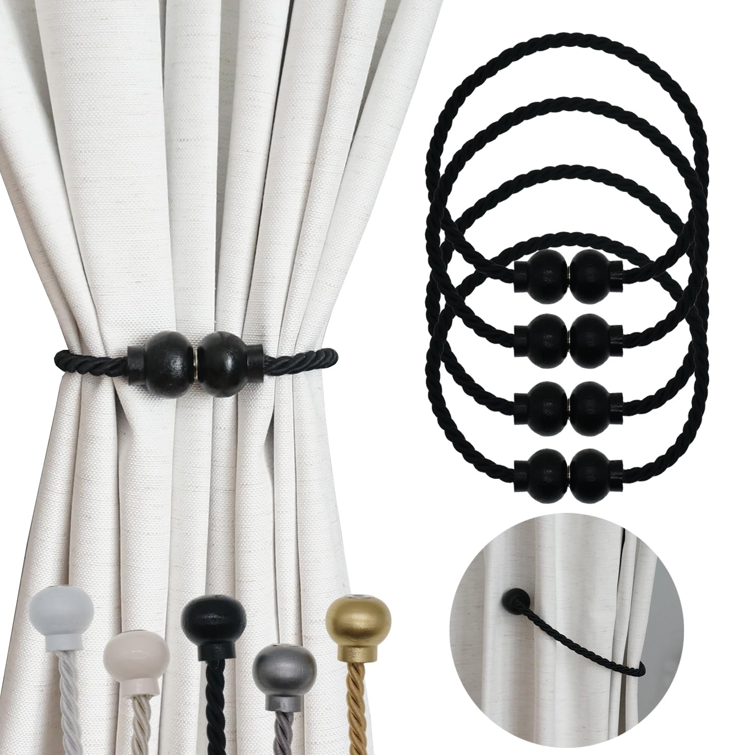 Photo 1 of HIASTRA 4 Pack Magnetic Curtain Tiebacks Modern Handmade Rope Curtain Tie Backs Decorative Drapes Weave Holdbacks for Home Outdoor Bedroom Office Decorative Curtain, Black