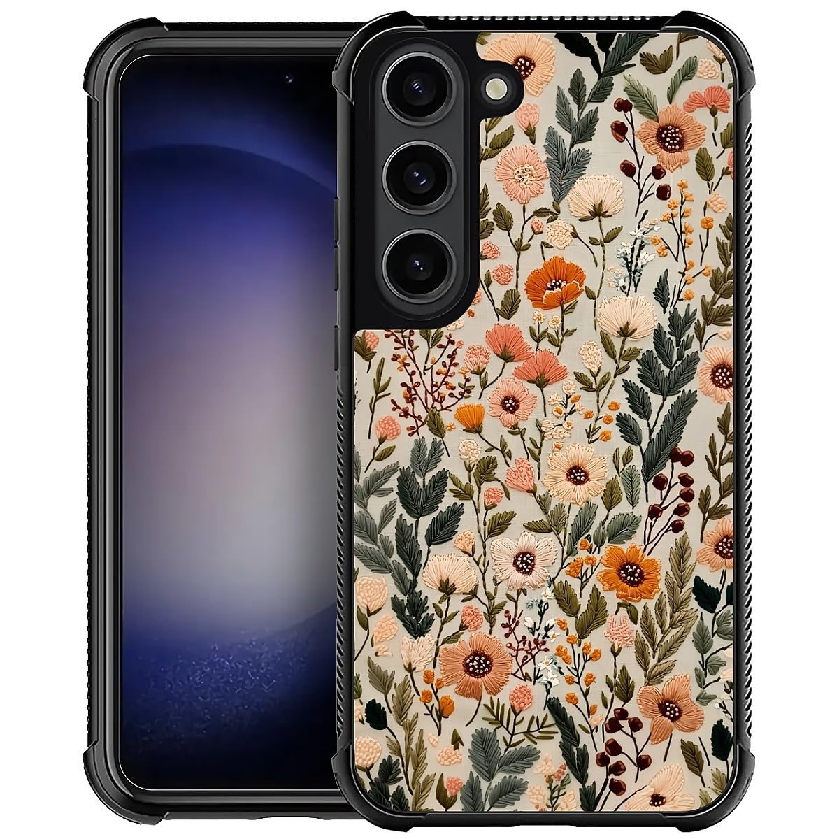 SKAMIX for Samsung Galaxy S23 Case,Soft Silicone Shockproof Bumper Camera Protection Phone Case-Dark Embroidery Flower