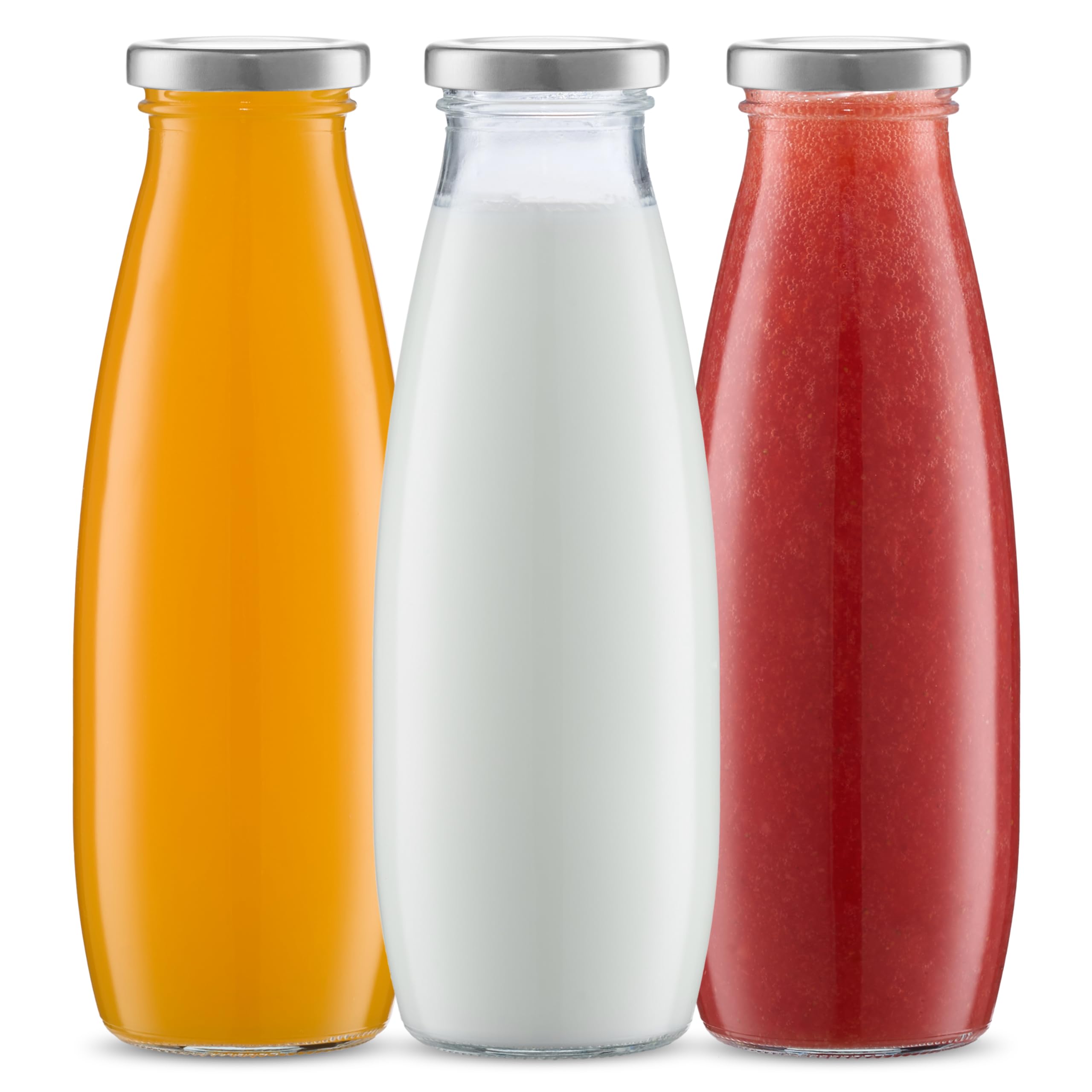 Danmu Art - 500ml Glass Milk Bottles with Lids -Retro Sliver Lids - Juice Milk Jam Airtight Storage Dispenser Bottles Set of 3