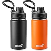 Mollcity 12 oz Water Bottle Stainless Steel Vacuum Insulated Wide Mouth Sports Flask, 2 Pack Water Bottle with Leakproof Spout Lid (Orange-Black)
