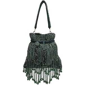 LONGING TO BUY Beaded Potli Bag for Women, Velvet Drawstring Wristlet with Fringe Detail