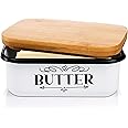 Yesland Butter Dish with Wooden Lid - Unbreakable Enamel Butter Container - Large Vintage Farmhouse Style Butter Keeper for 2 Sticks of Butter East or 1 West Coast Butter(White and Brown)