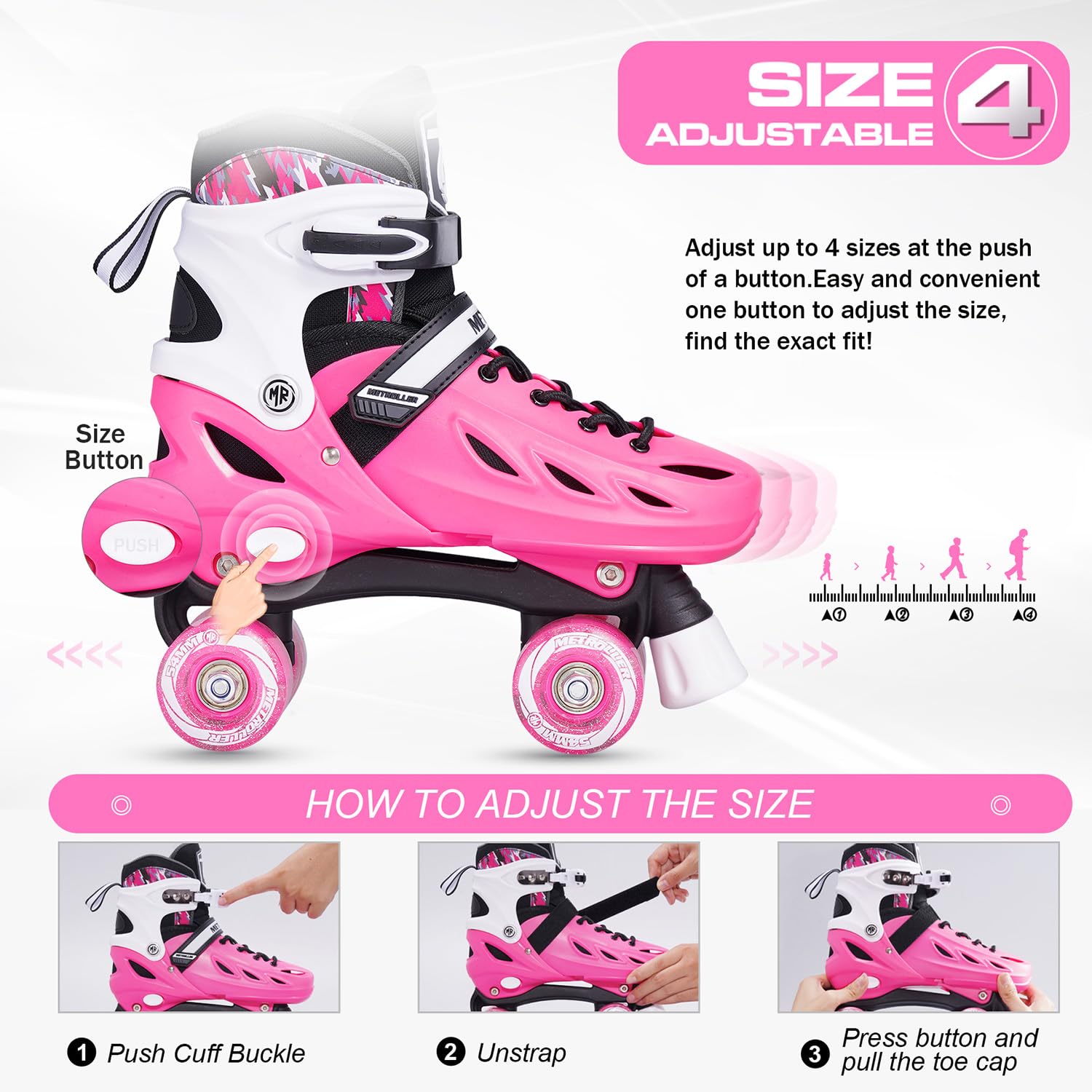 METROLLER Roller Skates for Girls Ages 5-8 8-12 and Boys Teens, Adjustable 4 Sizes for Kids Toddler Rollerskates with Light up Wheels, for Women