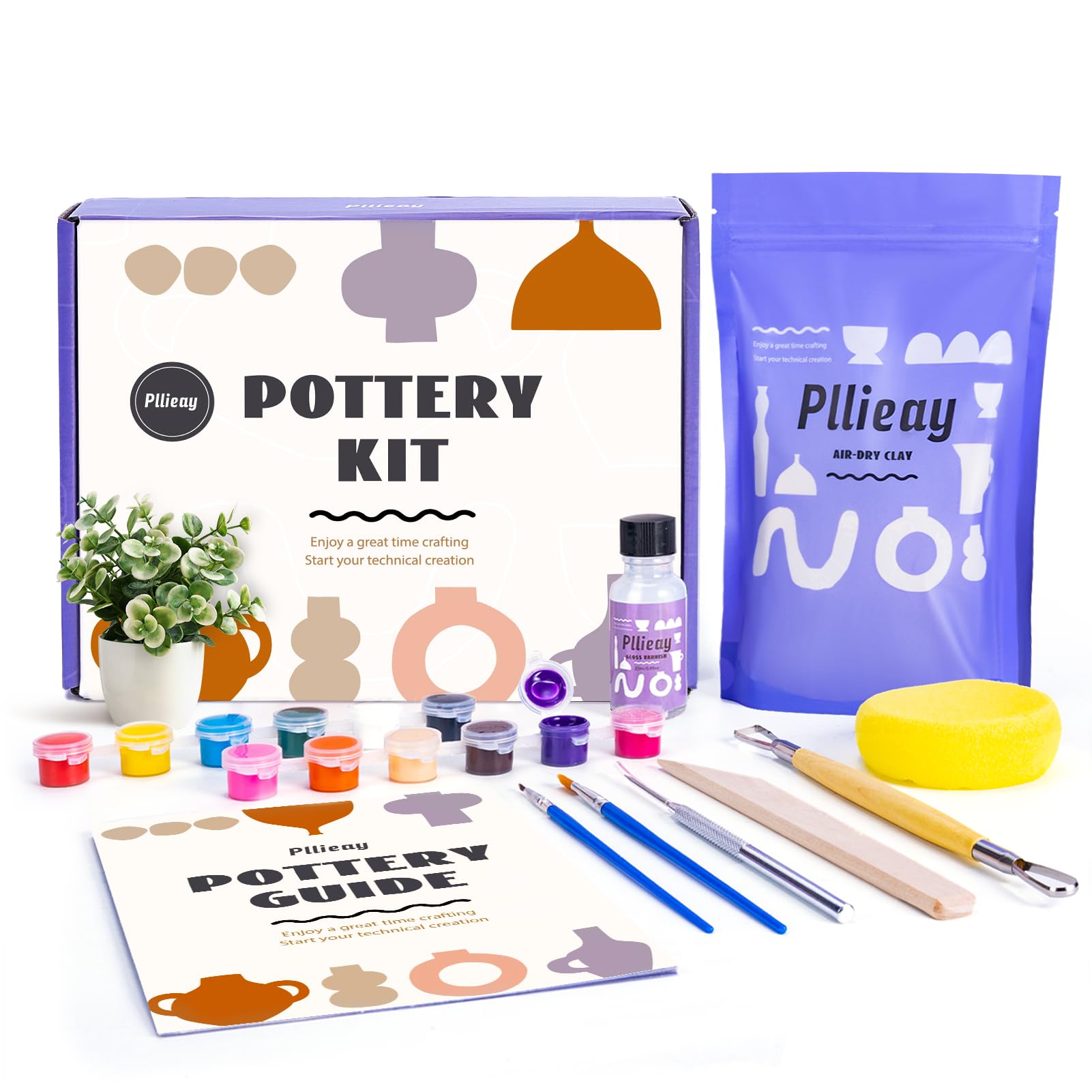Pllieay Home Pottery Kit for Beginners Air Dry Clay Kit for Adults Pottery Painting Kit with Tools Vanish and Instruction Pottery Kit for Adults DIY Clay Play Set Pottery Painting Kit