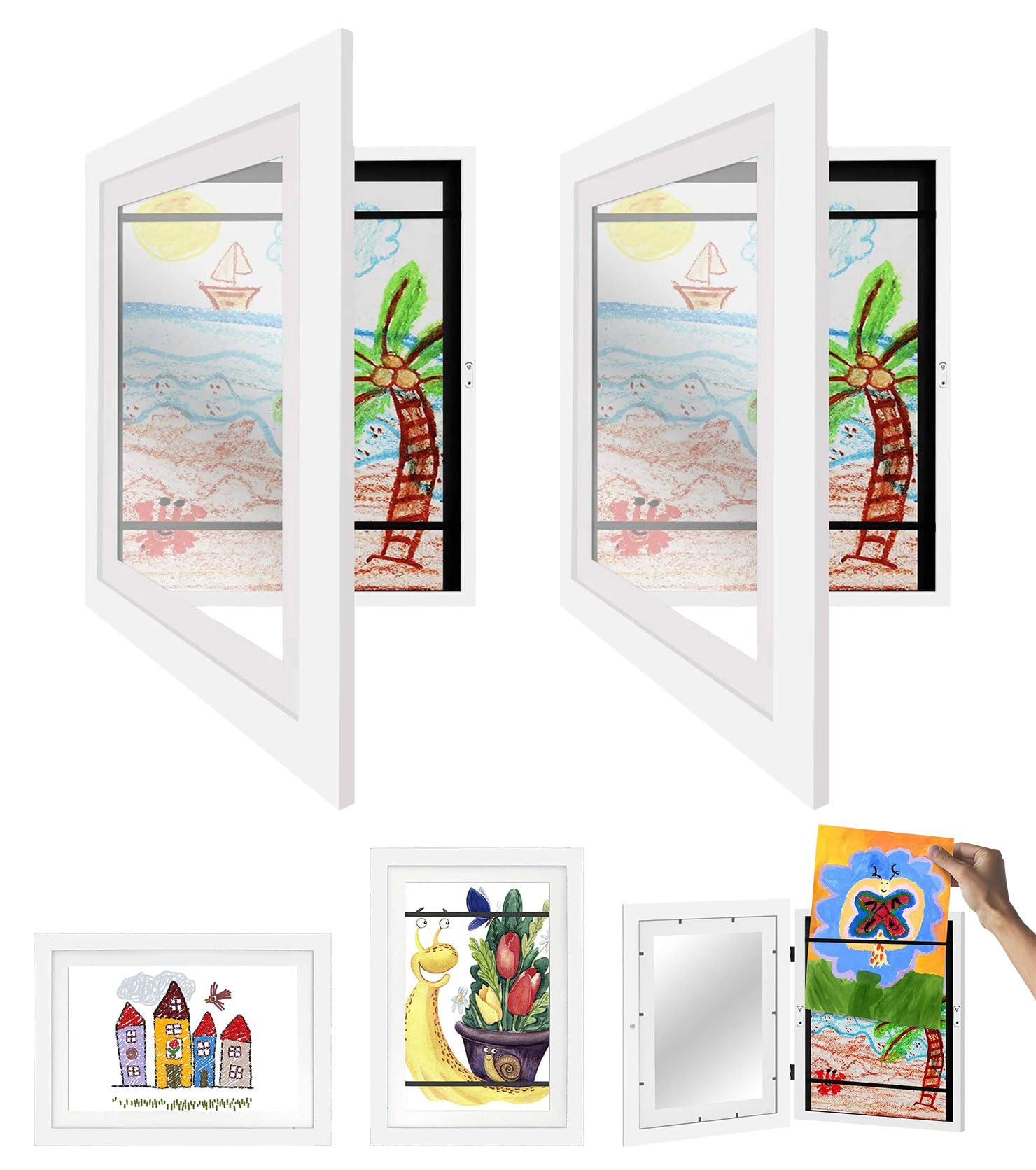 2 Pieces Picture Frame for Children to Change, Picture Frames for Children's Art Wall Mounted Hinged Photo Frame with Openable Front Wooden Frame A4, White