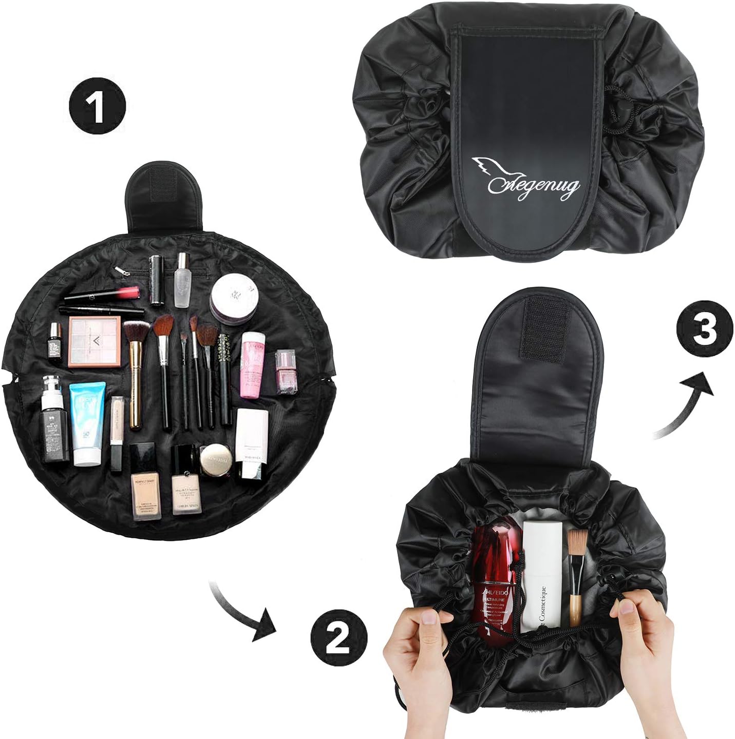 Drawstring Makeup Bag,ONEGenug Cosmetic Bag,One-Step Toiletry Organizer, Cosmetic Pouch for Lazy Ladies Black - Image 3