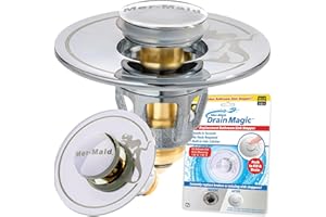 Mer-Maid Drain Magic AS-SEEN-ON-TV Replace Broken or Missing Bathroom Drain Stoppers in Seconds, No Tools, Push To Fill, Hair Catcher Prevents Clogs, Watertight Silicone Seal,Chrome Plated Solid Brass