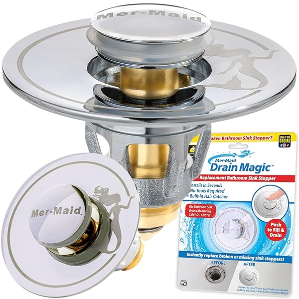 MER-MAID DRAIN MAGIC AS-SEEN-ON-TV REPLACE BROKEN OR MISSING BATHROOM DRAIN STOPPERS IN SECONDS, NO TOOLS, PUSH TO FILL, HAIR CATCHER PREVENTS CLOGS, WATERTIGHT SILICONE SEAL,CHROME PLATED SOLID BRASS