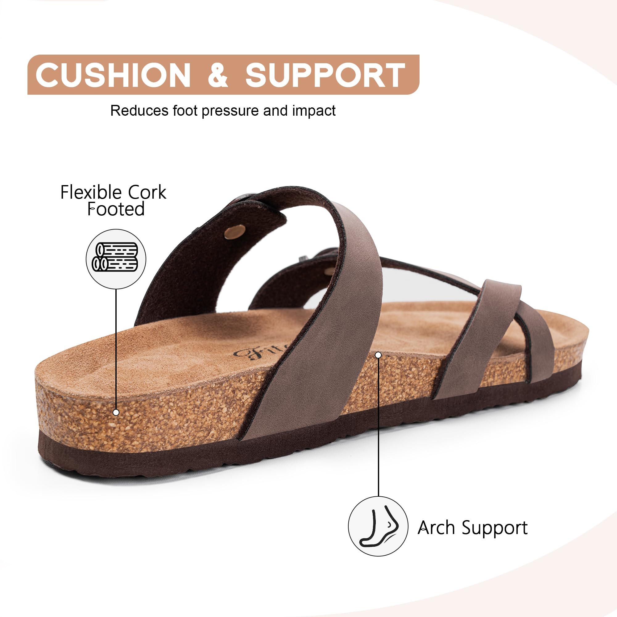 FITORY Women's Slide Sandals with Soft Cork Footbed, Comfort Arch Support Flat Sandals for Summer Size 6-11